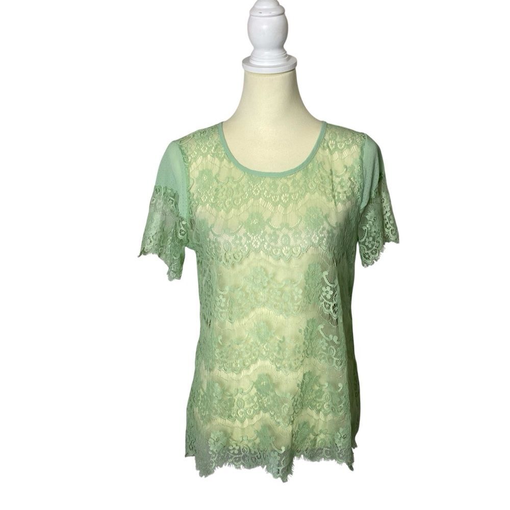 Vintage Mint Green Sheer Lace Short Sleeve Overlay Blouse Women's Size Medium